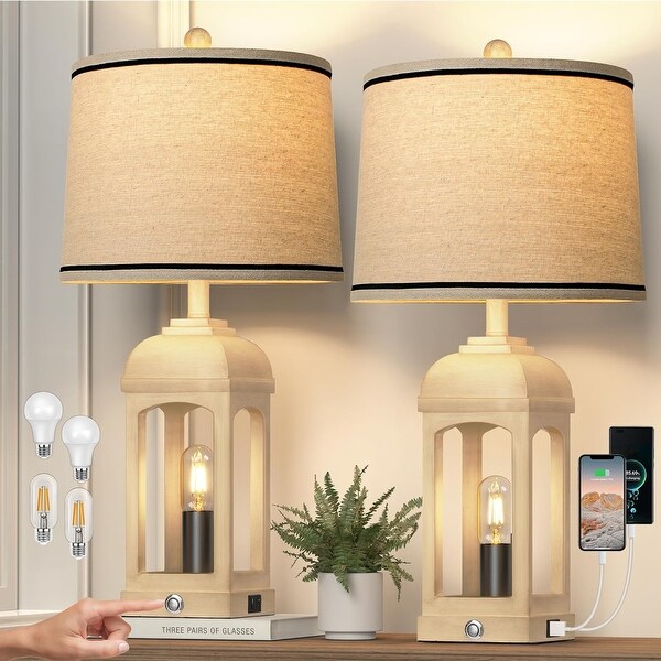 26 in. H Beige Table Lamp Set of 2 w 3 Way Dimmable Touch Control and Linen Shade Bedside Lamps w USB A C and Nightlight